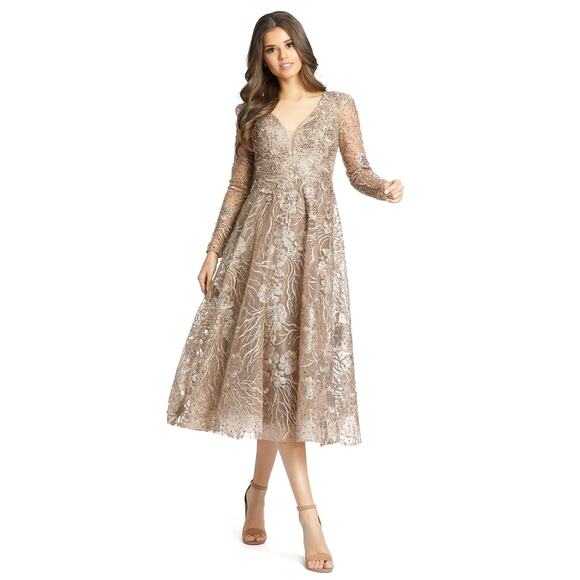 Mac Duggal Embellished Plunge Neck Illusion Midi Dress Vintage Gold 14 NWT